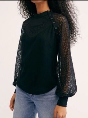 Free People Black Knit Top with Lace Sleeves Size M
